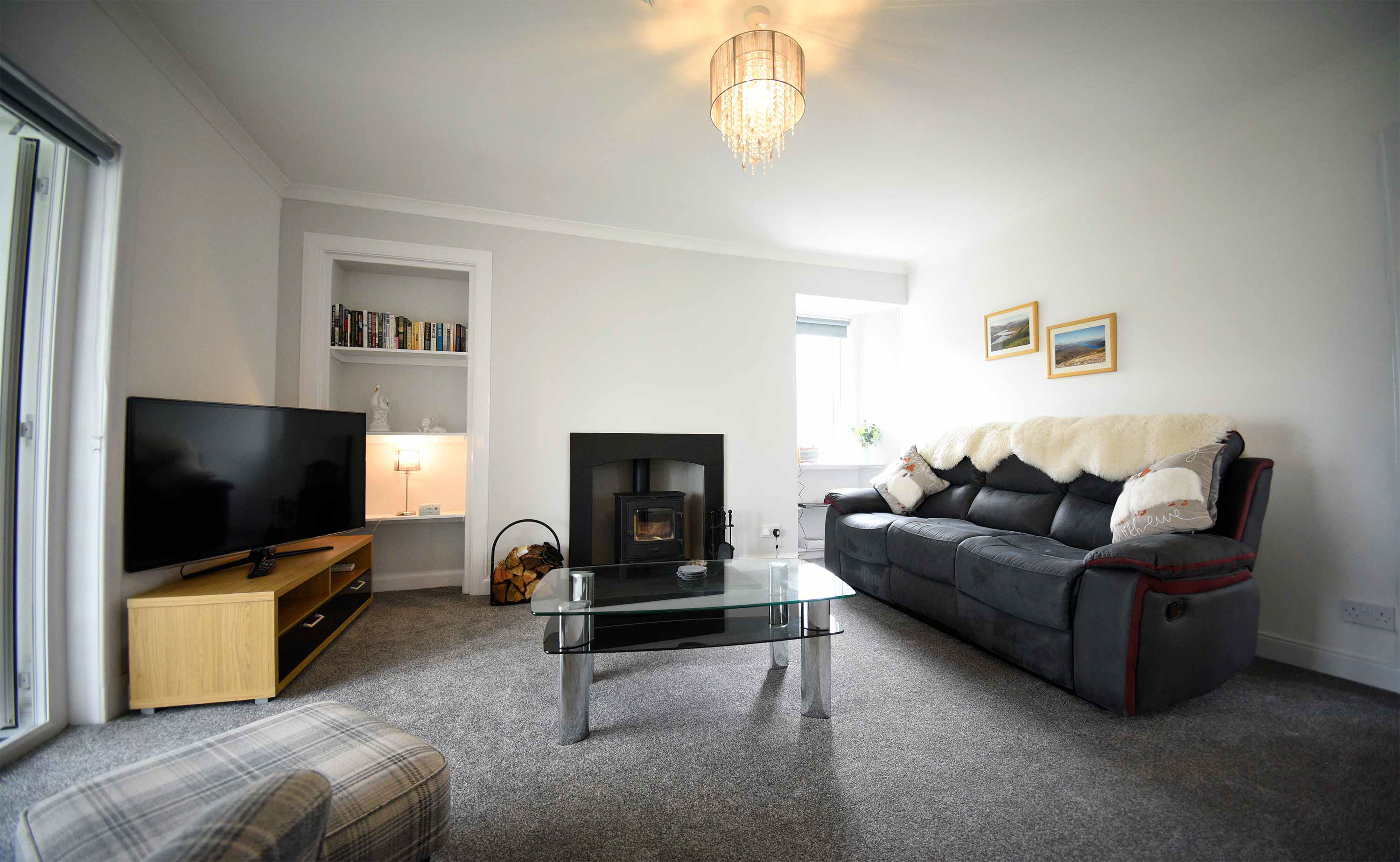 Tigh Beag Na Mara Self Catering Accommodation Living Room with Woodburning Stove Smart TV and WIFI Internet Access