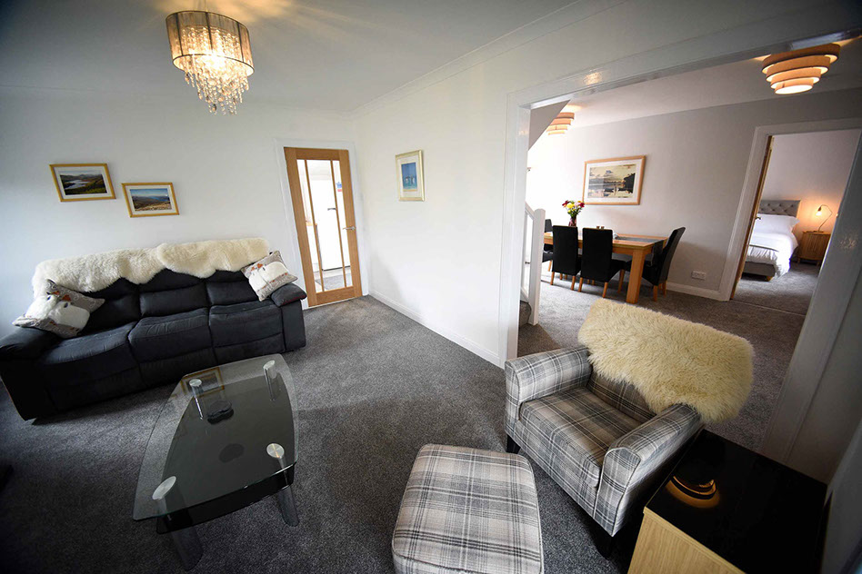 Tigh Beag Na Mara Living Room Open Plan with WIFI Sea Views and Woodburning Stove